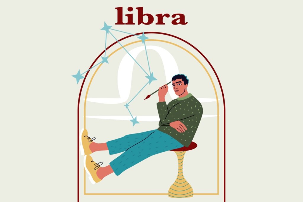 Ilustração de um homem sentado com o símbolo de Libra desenhado ao fundo 