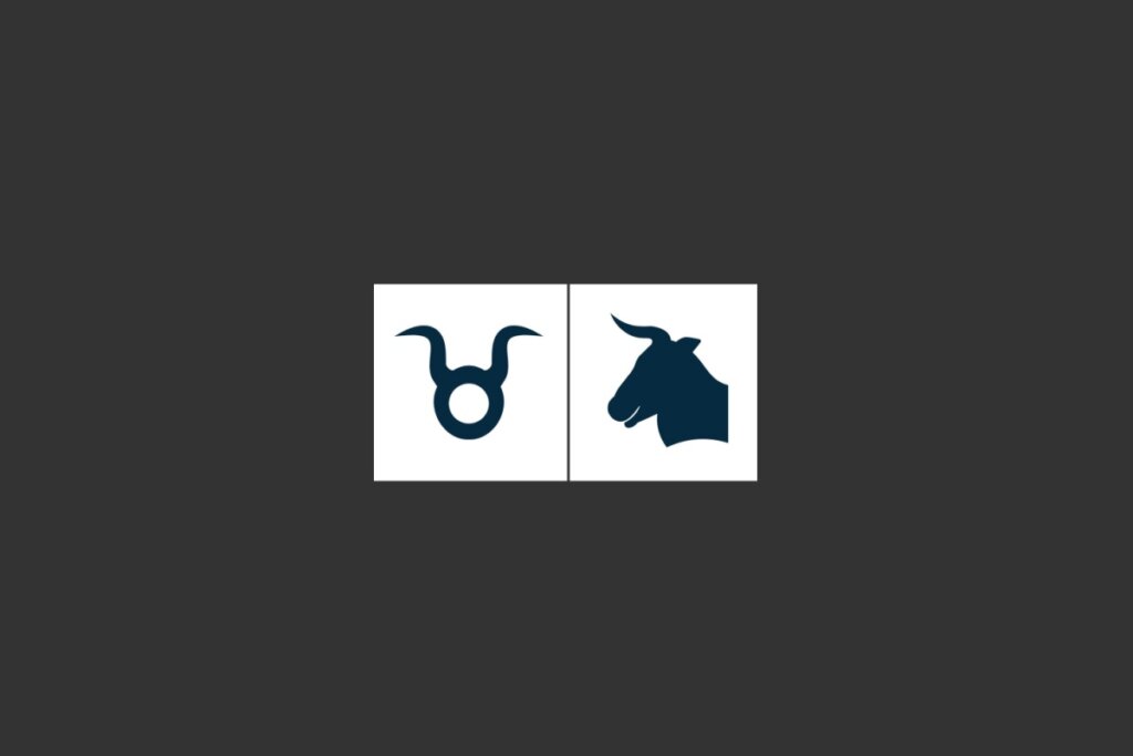 dois quadrados brancos com dois símbolos em azul que representam o signo de touro sobre fundo cinza-escuro