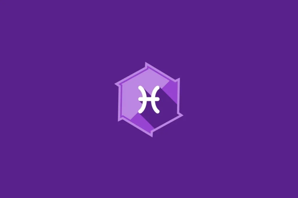 Ilustração do signo de Peixes, em fundo roxo, com símbolo representado por dois arcos opostos ligados por uma linha central
