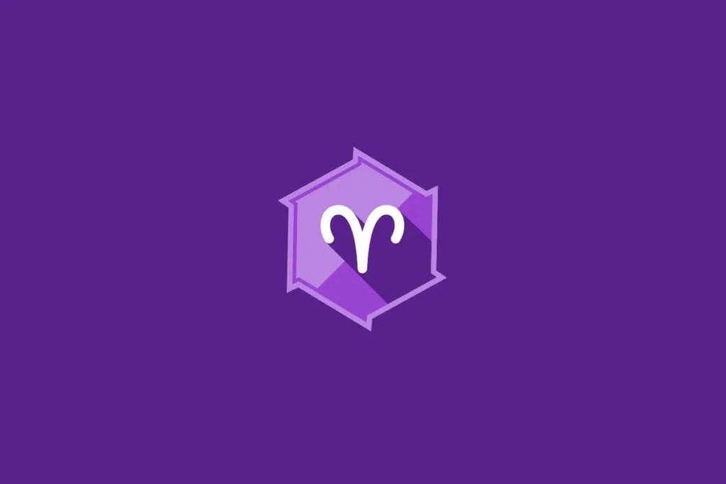 Ilustração do signo de Áries, em fundo roxo, com símbolo formado por linhas curvas que lembram chifres voltados para fora