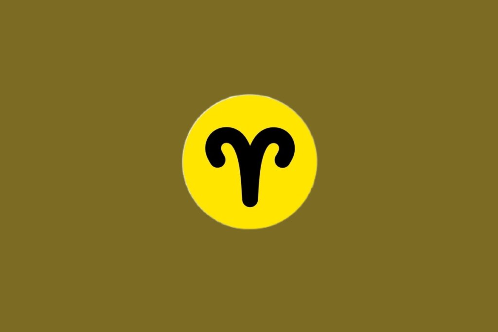 Ilustração do signo de Áries, contendo forma de chifres curvos lembrando um carneiro, em círculo amarelo