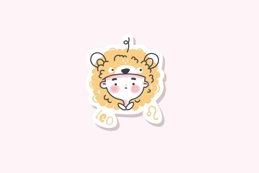 Ilustração do signo de Leão, contendo uma criança com vasta juba amarela e orelhas arredondadas de leão, em fundo rosa-claro