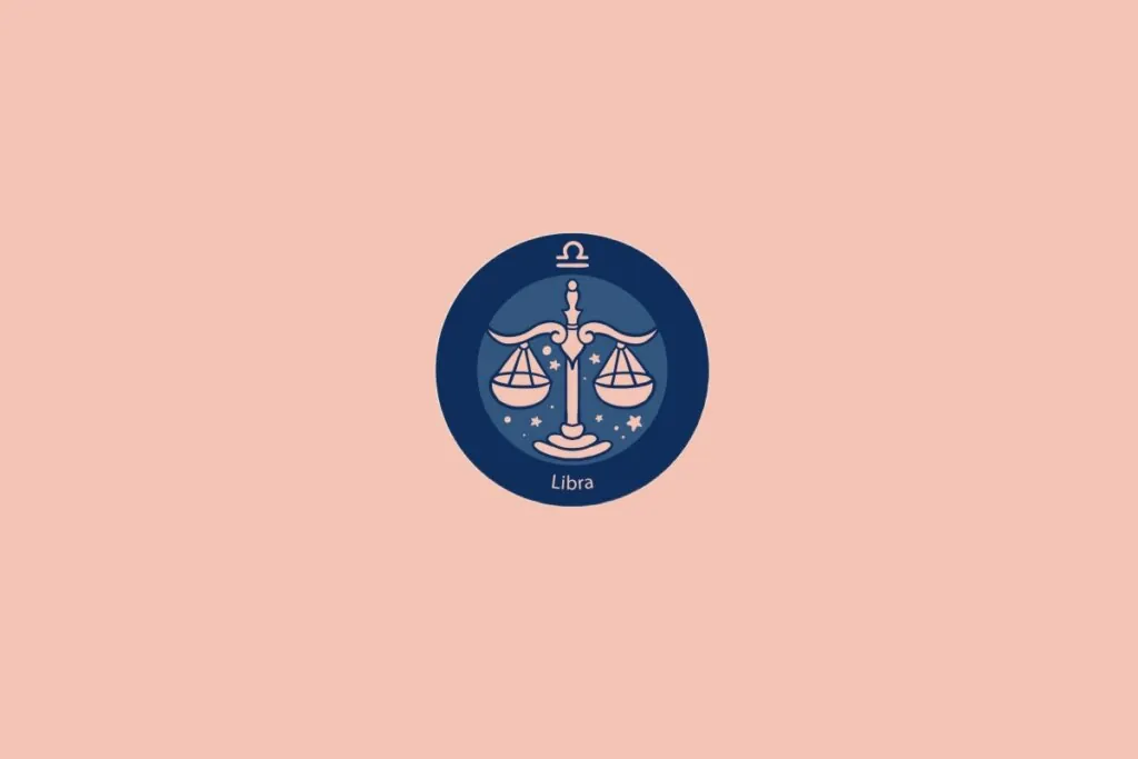 Ilustração do signo de Libra com uma balança equilibrada em fundo azul com estrelas e fundo rosa