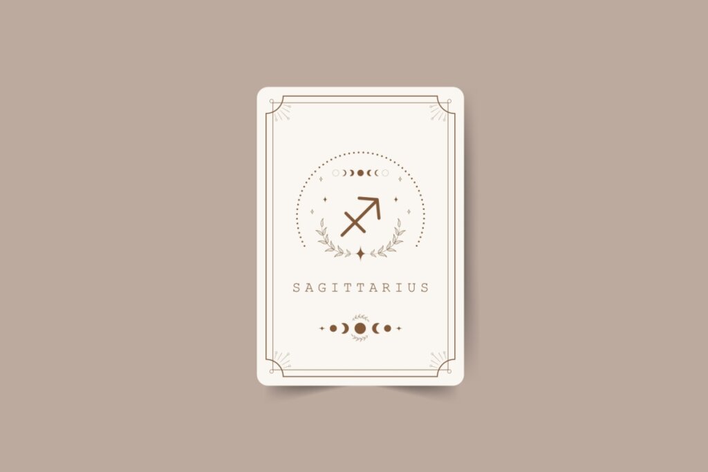 ilustração de uma carta branca com símbolo do signo de sagitário marrom com pontos em volta, nome do signo em inglês embaixo e desenhos de lua. carta está em fundo marrom-claro