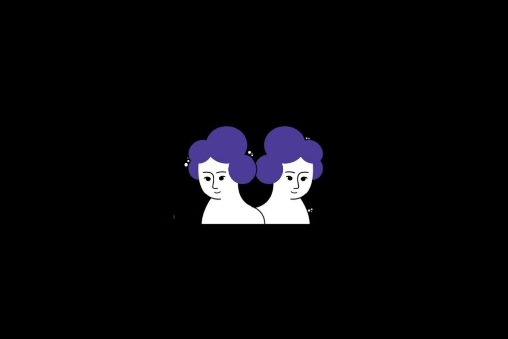 Ilustração do signo de gêmeos nas cores branco e roxo em um fundo preto