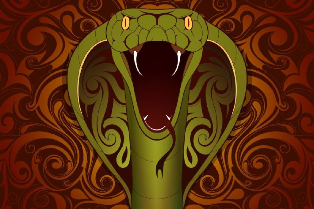 Imagem de uma serpente em um fundo com listras marrons e laranjas