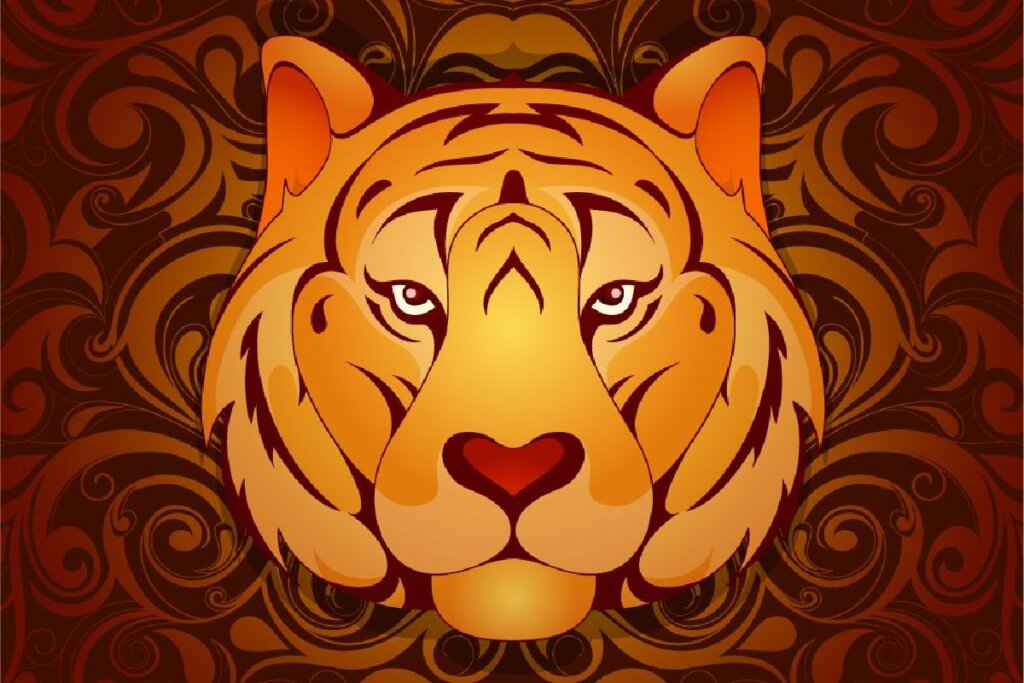 Imagem de um tigre em um fundo com listras marrons e laranjas