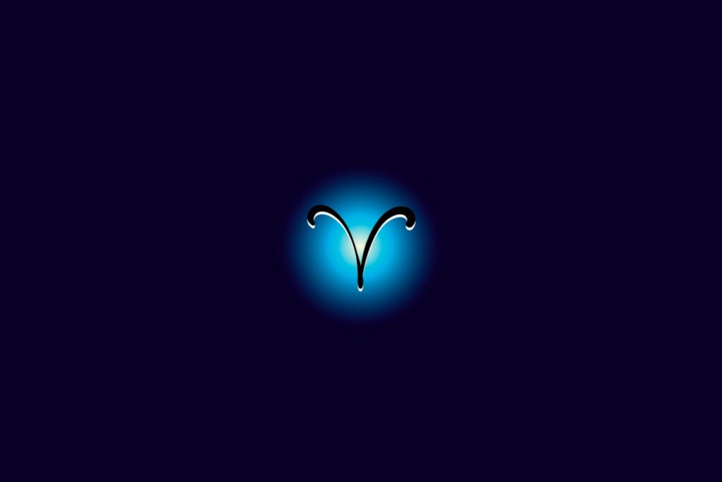 Ilustração do signo de áries iluminado com uma luz em um fundo azul escuro