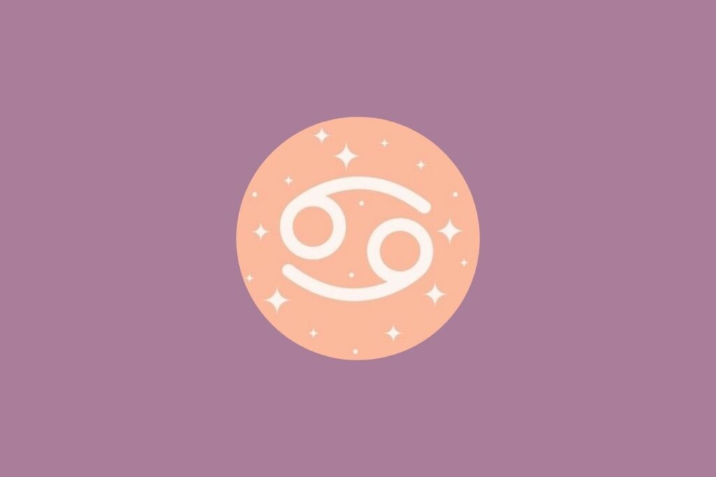 Ilustração do signo de câncer em um círculo laranja com estrelas e em um fundo roxo