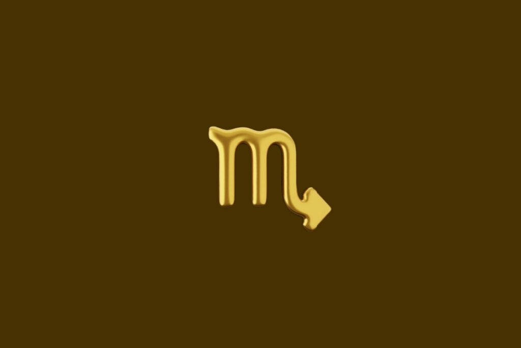 Ilustração do símbolo do signo de Escorpião dourado em um fundo marrom