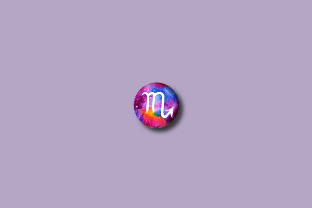 Ilustração do signo de escorpião em um círculo colorido e sobre um fundo roxo