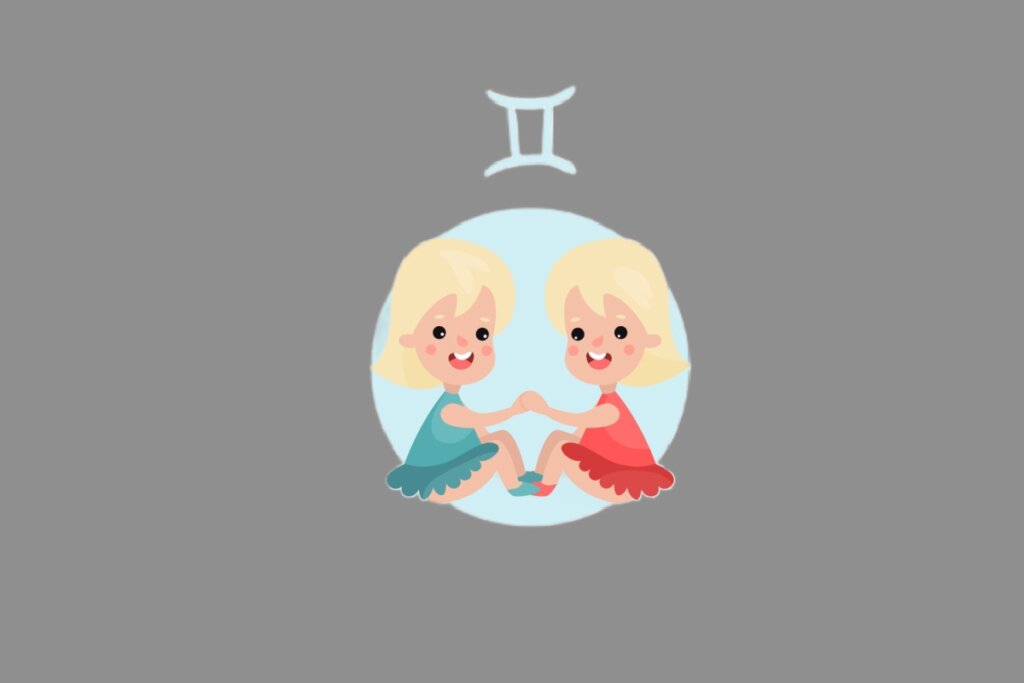 Ilustração do signo de Gêmeos, contendo duas meninas loiras de mãos dadas, uma com vestido azul e outra com vestido vermelho, sobre fundo azul
