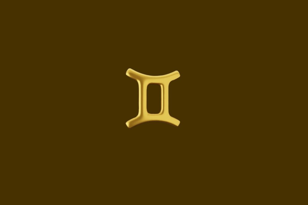 Ilustração do símbolo signo de Gêmeos dourado em um fundo marrom