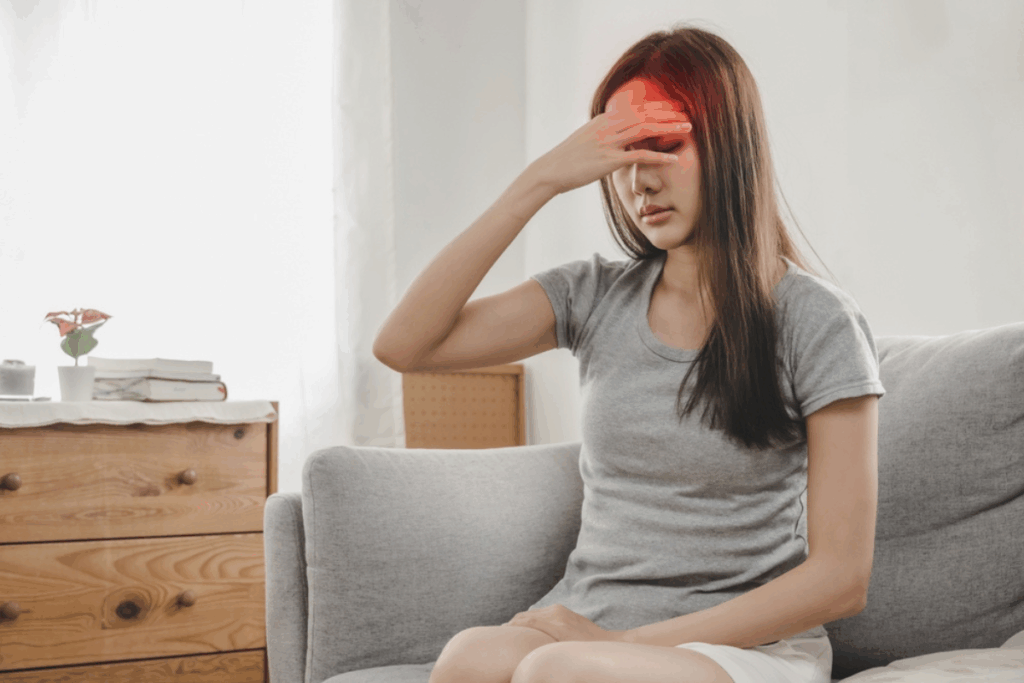 Mulher com cabelo liso, castanho e solto usando camiseta cinza e short bege com mão na cabeça indicando dor