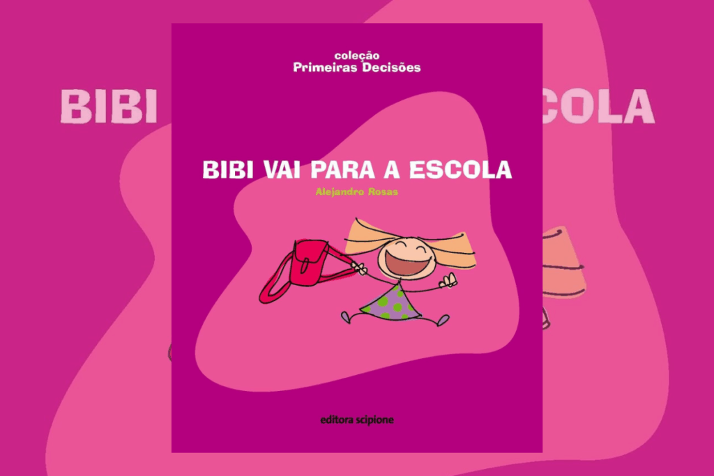 Capa de livro com título e nome do autor e ilustração de uma menina loira usando vestido estampado e com uma mochila na mão vermelha em fundo rosa