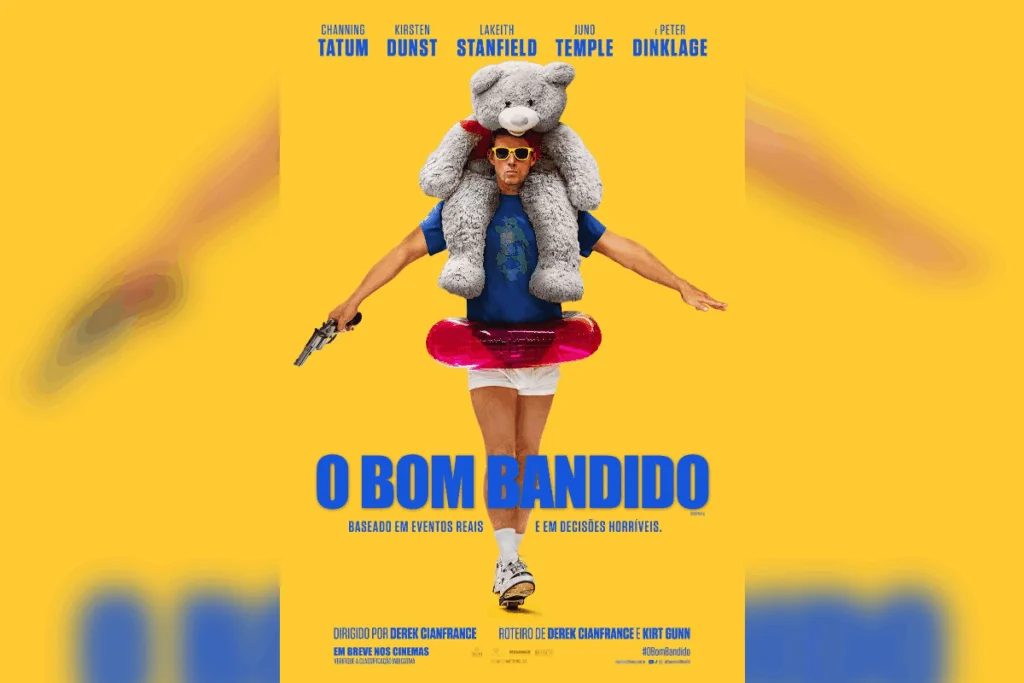 Pôster de "O Bom Bandido", com personagem excêntrico em traje inusitado segurando arma e urso de pelúcia