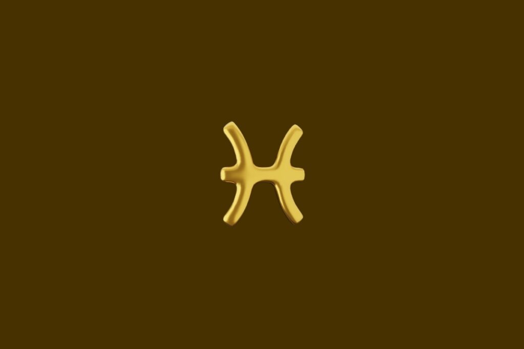 Ilustração do símbolo do signo de Peixes dourado em um fundo marrom
