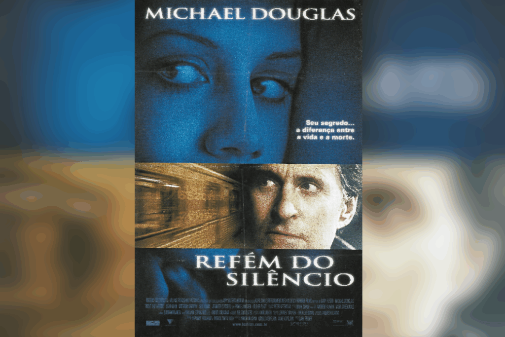 Cartaz do filme “Refém do Silêncio” com Michael Douglas em destaque na parte inferior e o olhar enigmático de uma mulher sobre fundo azul