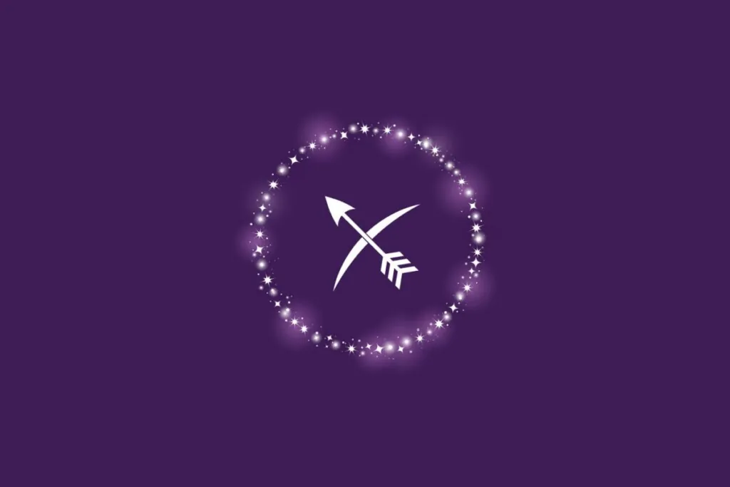 Ilustração do símbolo do signo de Sagitário em forma de flecha branca, envolvido por um círculo de pontos brilhantes sobre fundo roxo