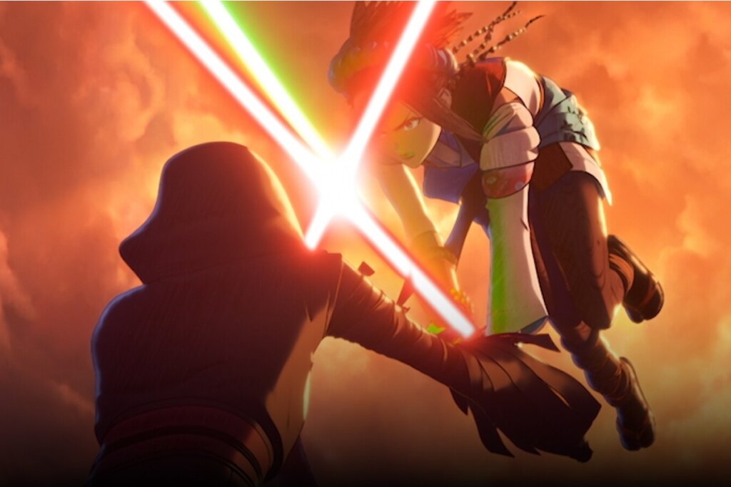 Personagens lutando em meio a um céu alaranjado com sabres de luz cruzados em destaque