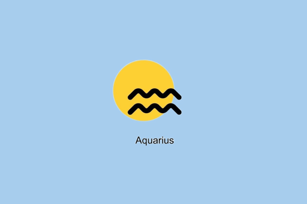 Símbolo do signo de Aquário ao lado de círculo amarelo em fundo azul claro