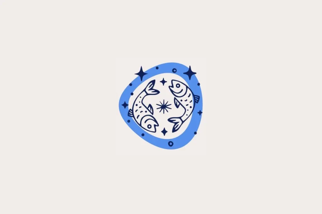 Ilustração do signo de Peixes, em fundo bege-claro, contendo dois peixes curvados em sentidos opostos dentro de uma moldura azul com estrelas ao redor