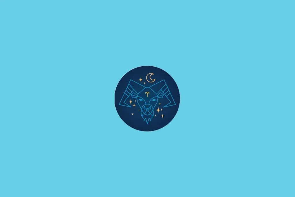 Ilustração do signo de Áries representando um carneiro estilizado acompanhado de estrelas douradas e símbolos astrológicos ao redor