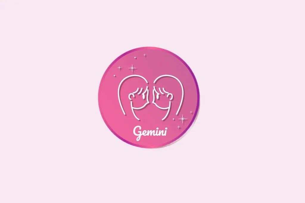 Ilustração do signo de Gêmeos, em fundo rosa, contendo o símbolo de dois rostos femininos voltados um para o outro