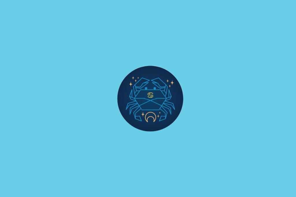 Ilustração do signo de Câncer com a figura de um caranguejo, envolto em estrelas e detalhes dourados
