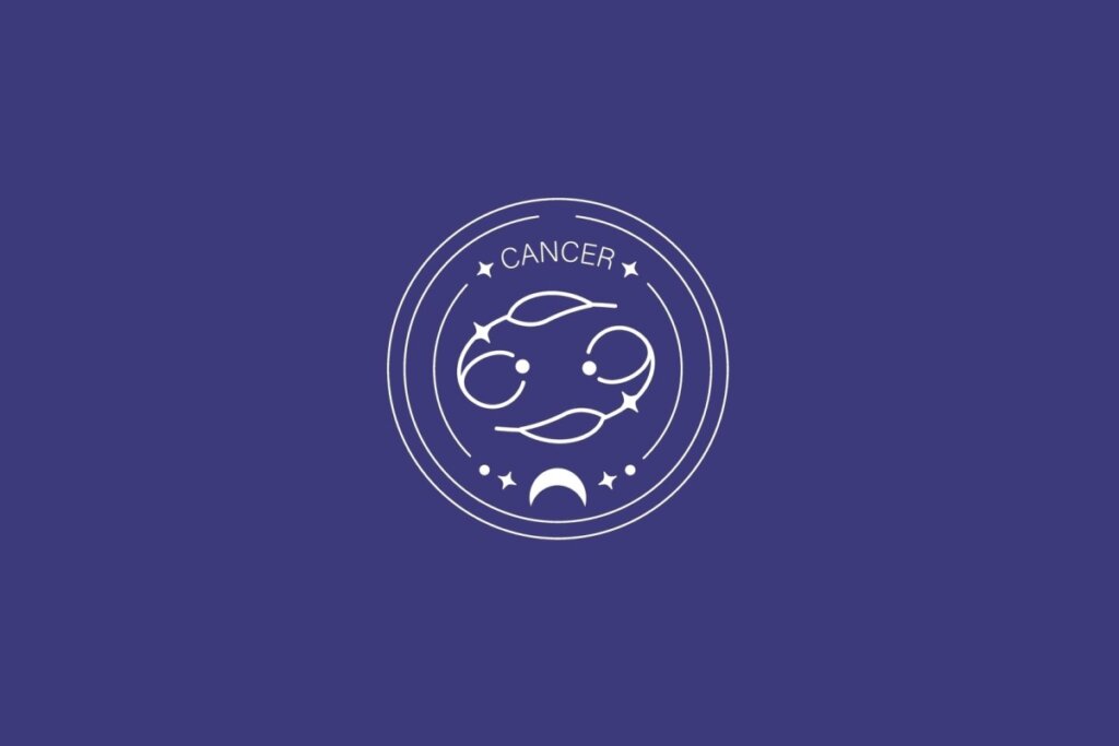 Ilustração do signo de Câncer, com símbolo formado por duas espirais opostas que se assemelham ao número 69 deitado, em fundo escuro