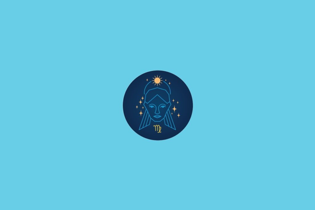 Ilustração do signo de Virgem com a figura estilizada de uma mulher acompanhada por estrelas e um fundo azul