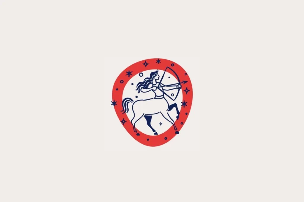 Ilustração do signo de Sagitário, em fundo bege-claro, contendo um centauro arqueiro puxando o arco dentro de uma moldura vermelha