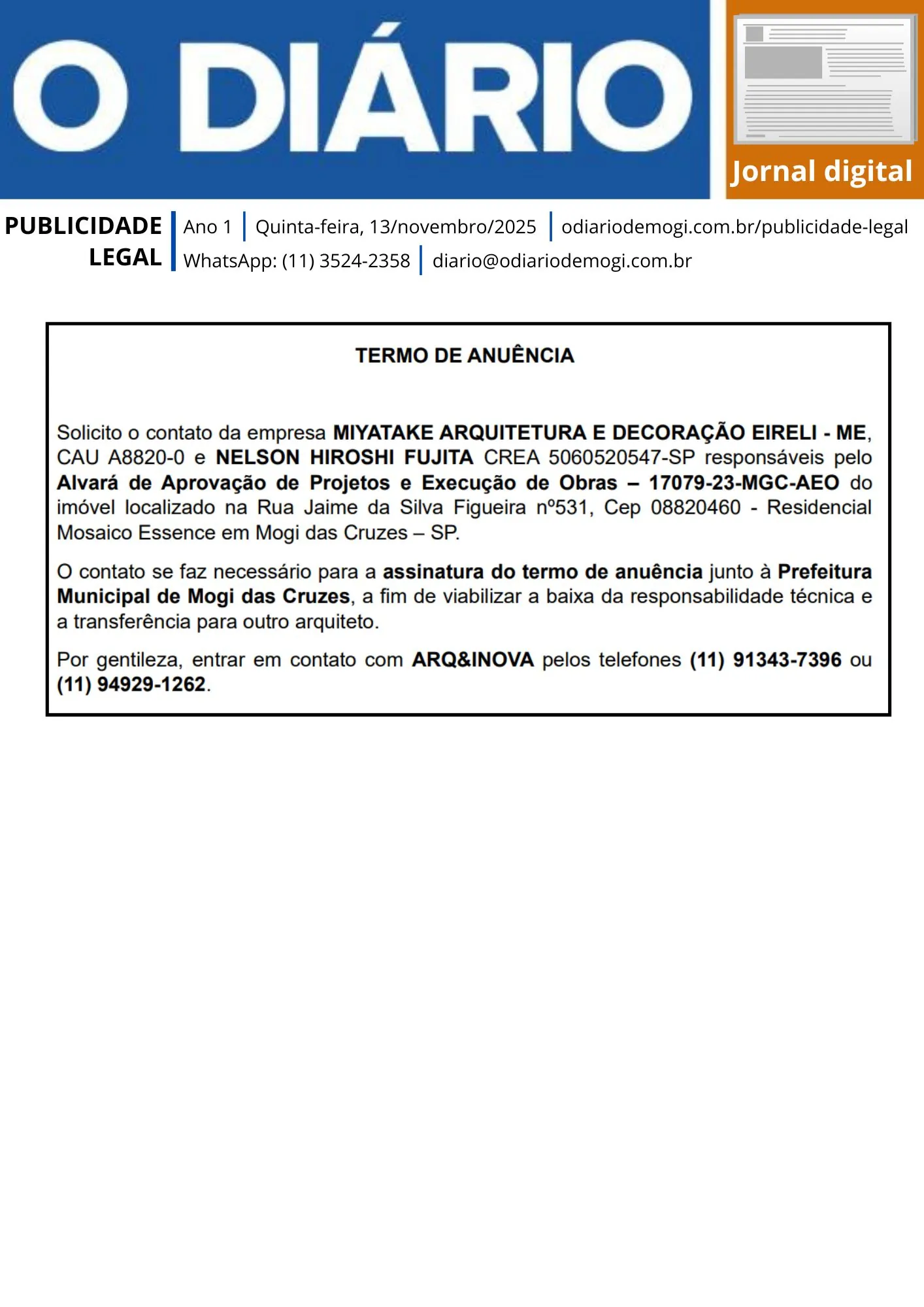 Quinta-feira, 13 de novembro de 2025