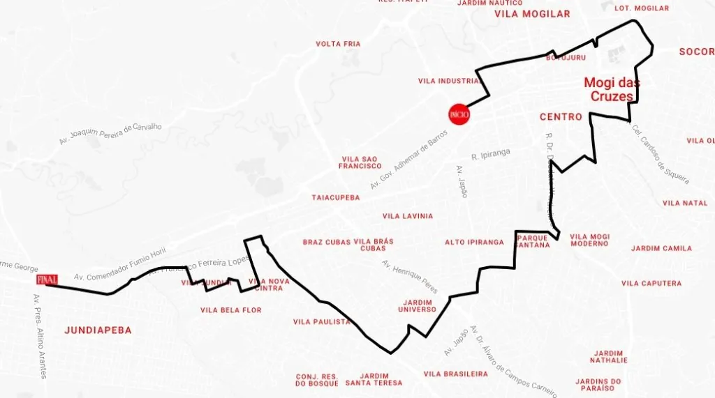 Trajeto previsto em Mogi das Cruzes | Foto: Reprodução/Google Maps/Coca-Cola