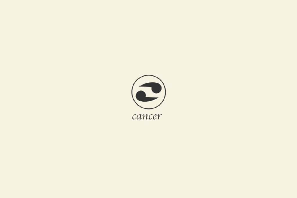 Ilustração do signo de câncer na cor preta, com um círculo em volta e o nome abaixo, sobre um fundo amarelo-claro
