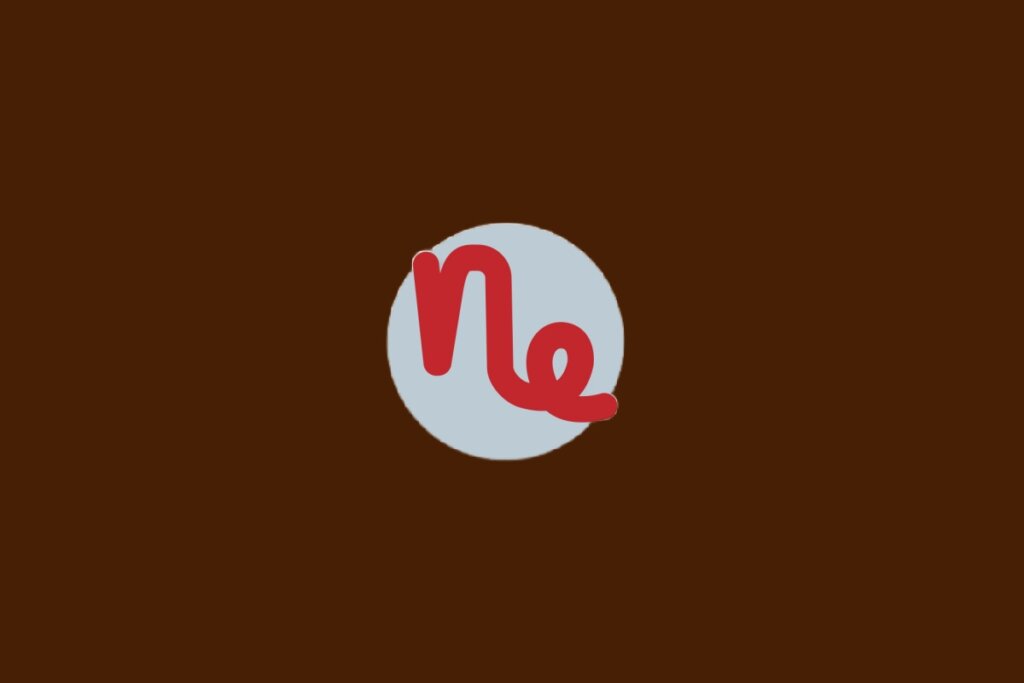 Ilustração do signo de Capricórnio com símbolo vermelho em forma de "n" curvado seguido de um laço, sobre fundo cinza e marrom-escuro