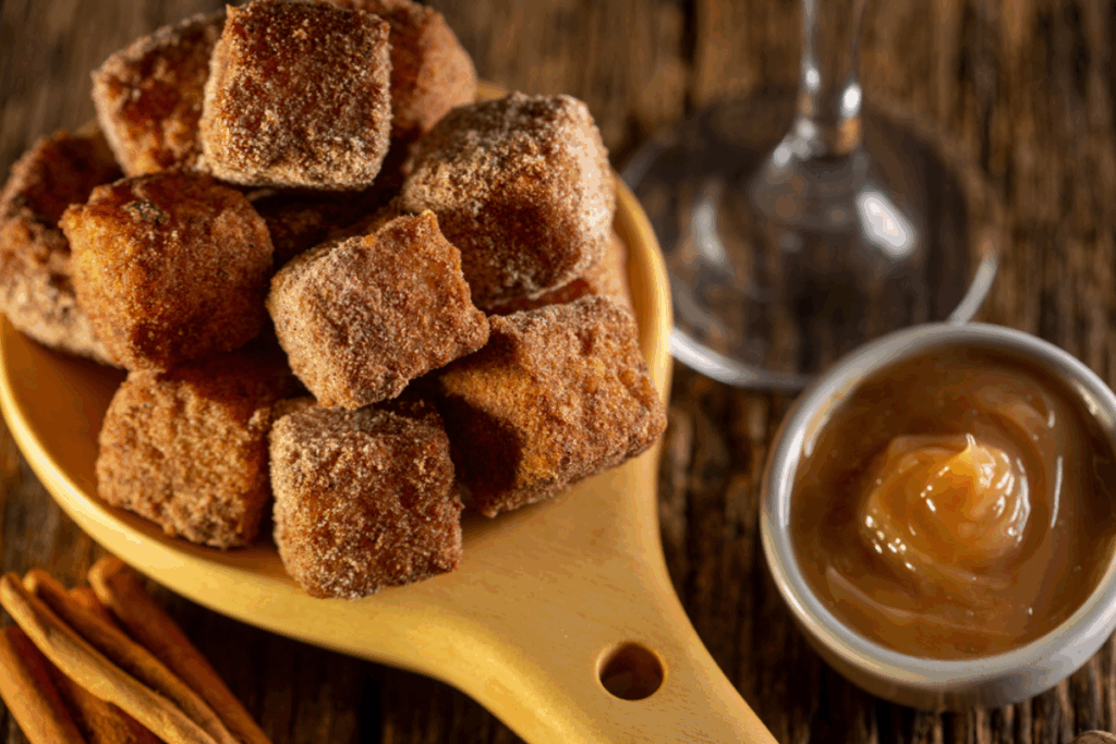 Dadinho de tapioca doce servido em colher de madeira ao lado de tigela com doce de leite em cima de mesa de madeira