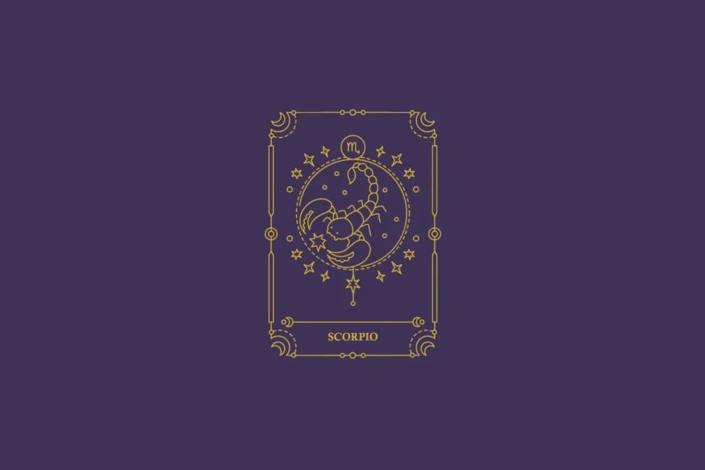 Ilustração do signo de escorpião em dourado com detalhes na mesma cor ao redor. Fundo roxo-escuro
