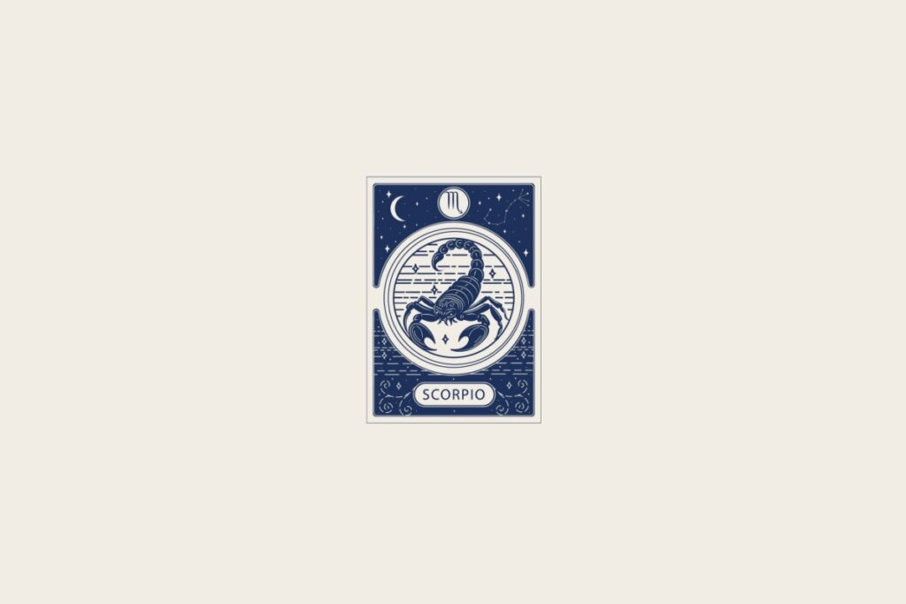 Ilustração do signo de Escorpião em azul dentro de uma carta e com fundo cinza