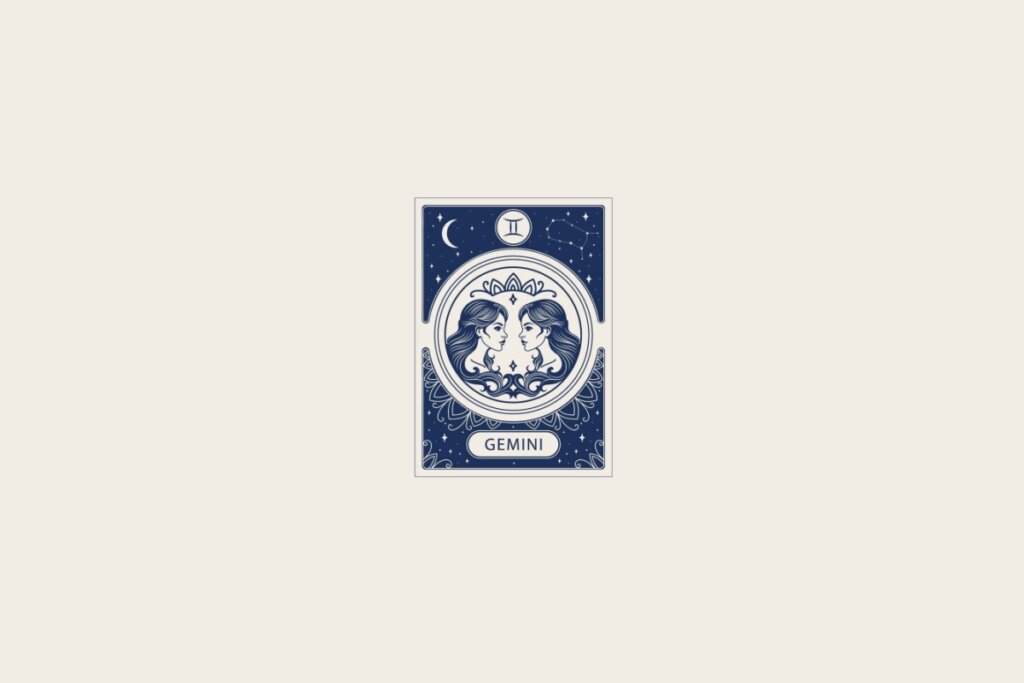 Ilustração do signo de Gêmeos em azul dentro de uma carta e com fundo cinza