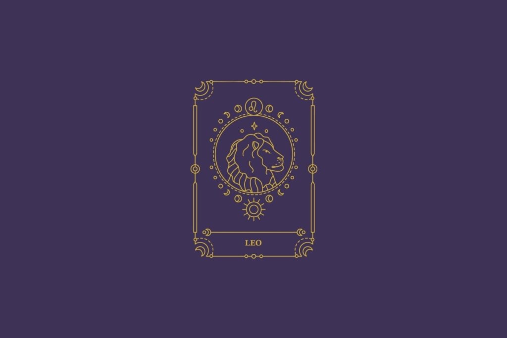 Ilustração do signo de leão em dourado com detalhes na mesma cor ao redor. Fundo roxo-escuro