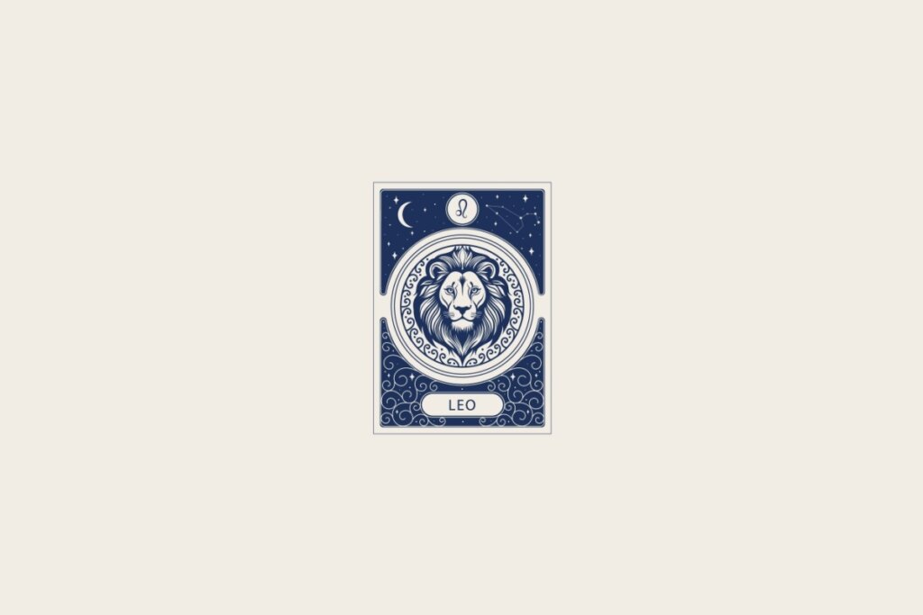 Ilustração do signo de Leão em azul dentro de uma carta e com fundo cinza