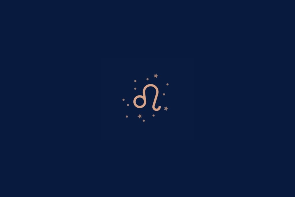 Ilustração do signo de leão rodeado por estrelas em um fundo azul-escuro