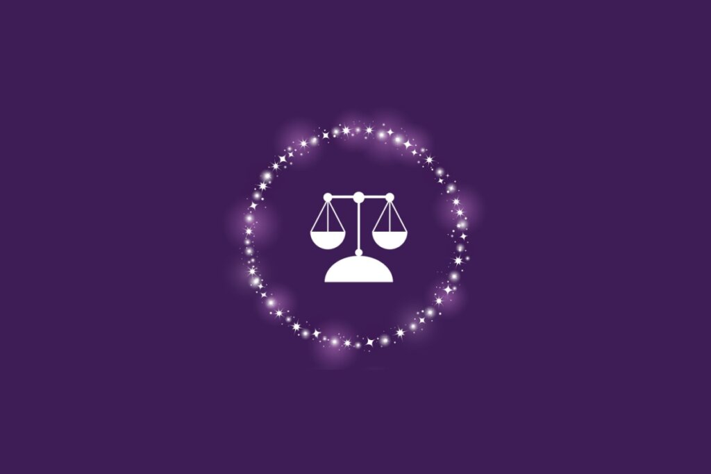 Ilustração do símbolo do signo de Libra representado por uma balança branca, centralizada em um círculo de pontos brilhantes com fundo roxo