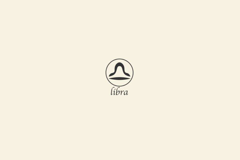 Ilustração do signo de libra na cor preta, com um círculo em volta e o nome abaixo, sobre um fundo amarelo-claro