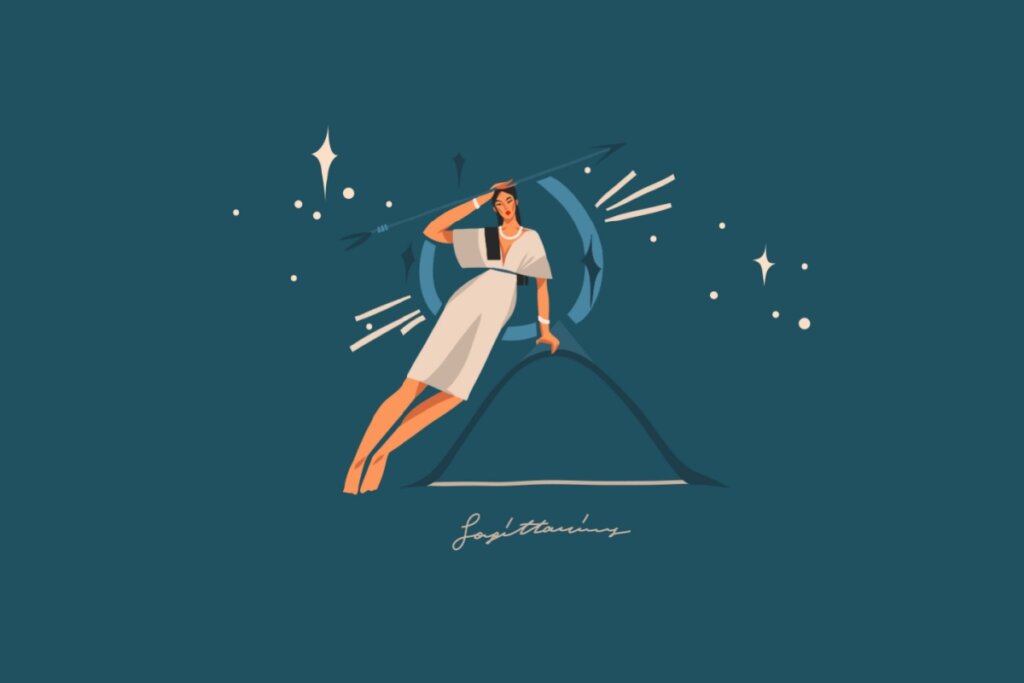 Ilustração de uma mulher usando um vestido bege-claro longo, apoiada em cima do arco de sagitário, em um fundo verde-escuro com estrelas 