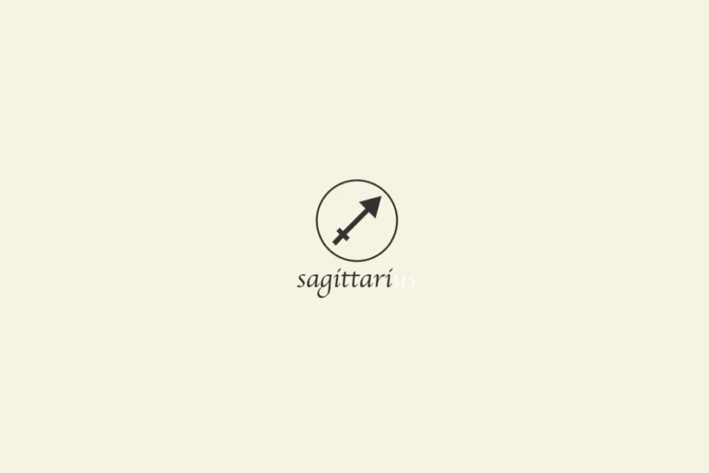 Ilustração do signo de sagitário na cor preta, com um círculo em volta e o nome abaixo, sobre um fundo amarelo-claro