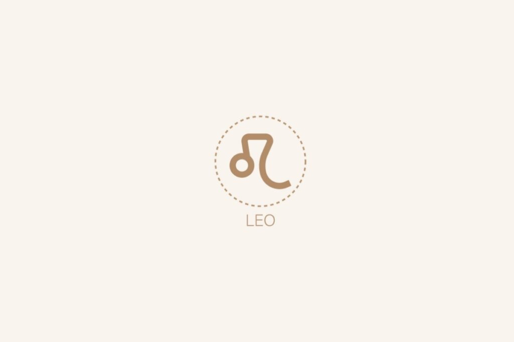 Ilustração do símbolo e nome em inglês do signo de leão em um fundo bege