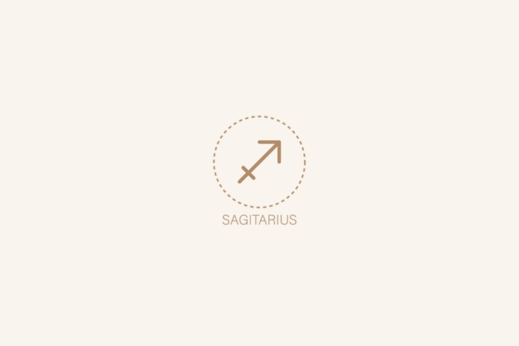 Ilustração do símbolo e nome em inglês do signo de sagitário em um fundo bege