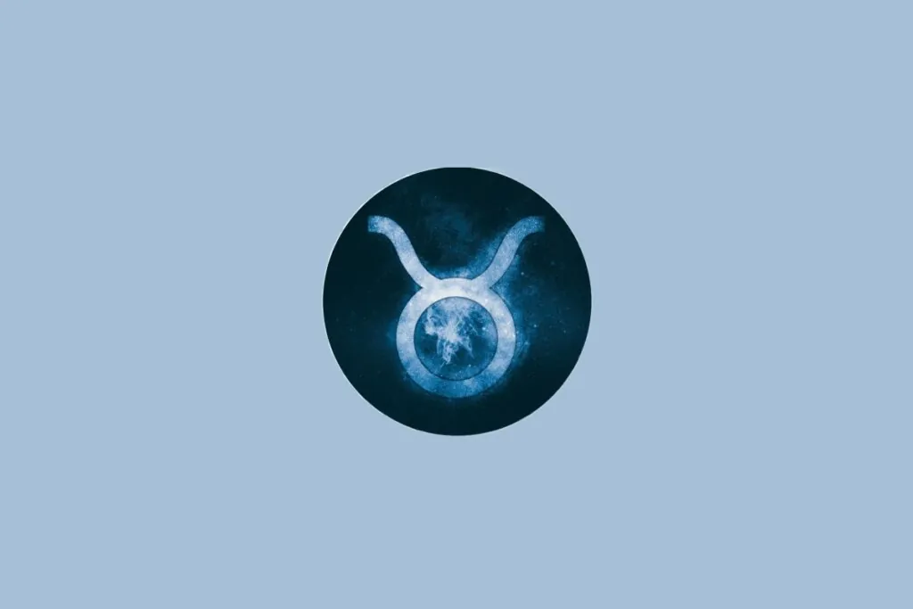 Ilustração do signo de Touro, em fundo azulado, com símbolo de círculo encimado por dois chifres curvados